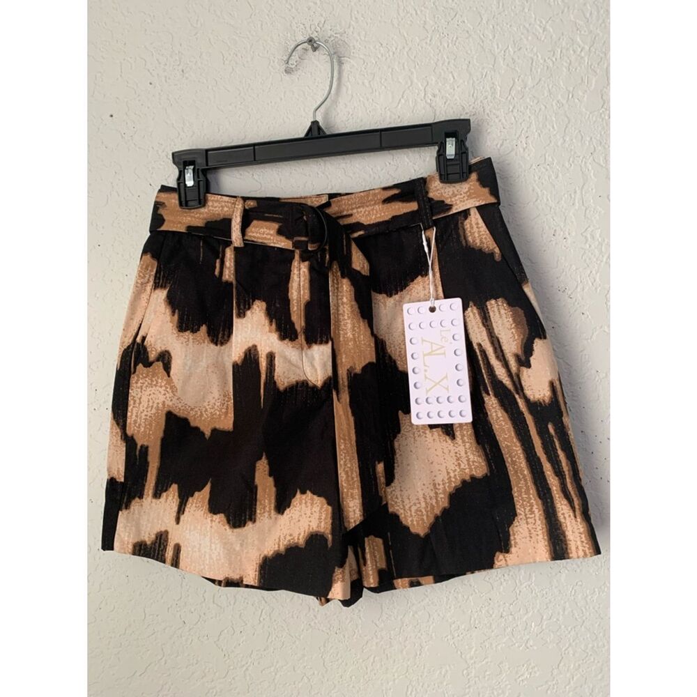 NWT Le’ AL.X Black & Tan Abstract Tie-Waist Shorts Pockets Size 0